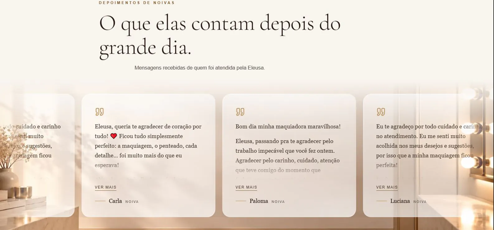 Captura do site Eleusa Makeup: depoimentos