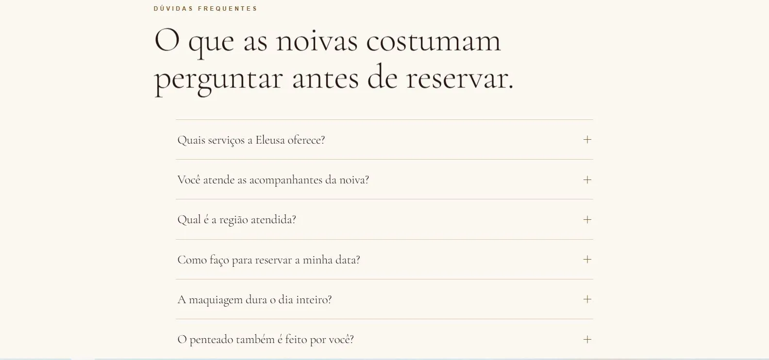 Captura do site Eleusa Makeup: perguntas frequentes