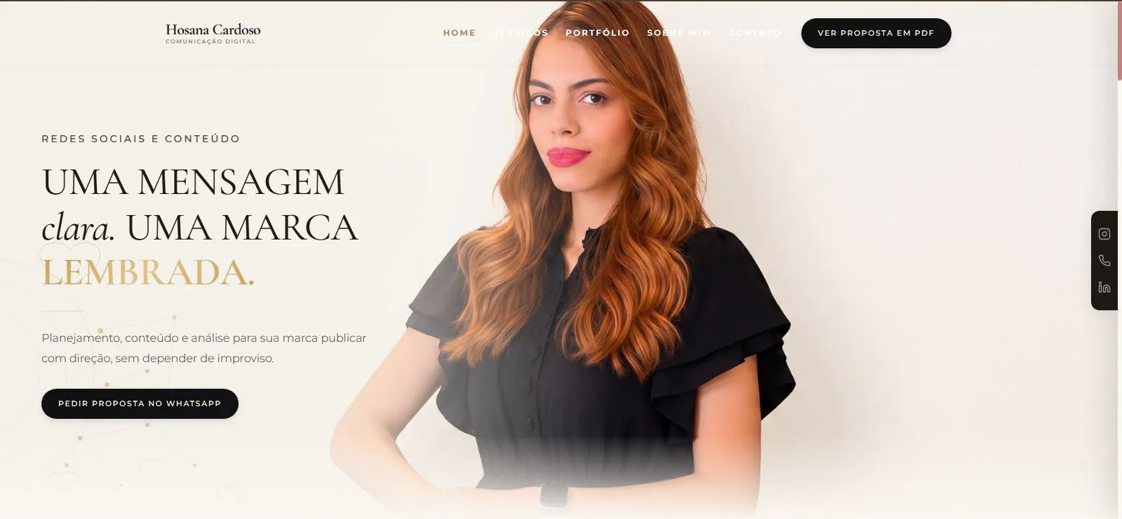 Captura do site Hosana Cardoso: página inicial