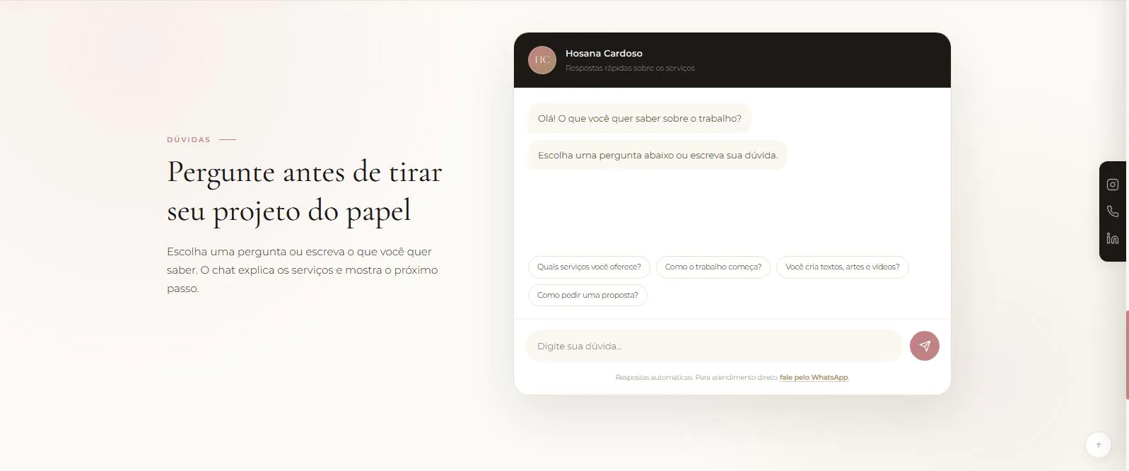 Captura do site Hosana Cardoso: tire suas dúvidas