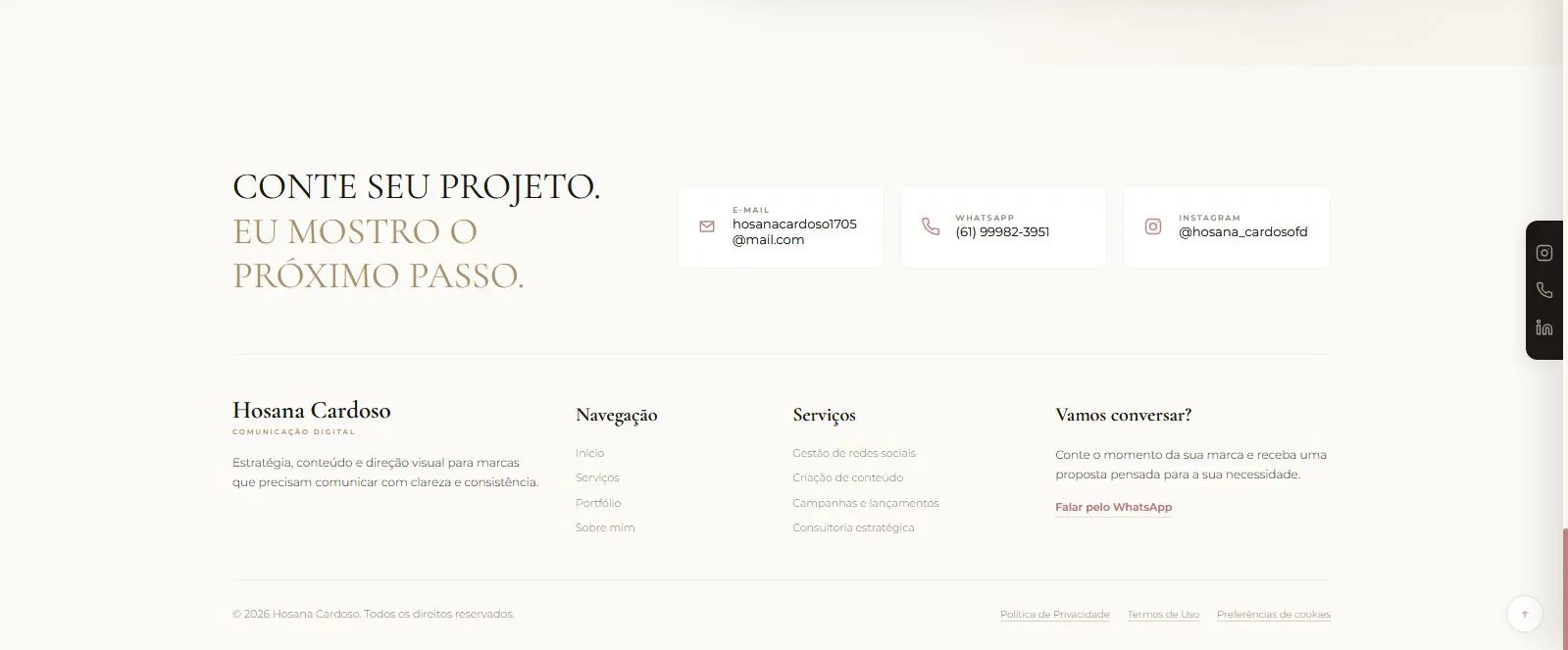Captura do site Hosana Cardoso: contato