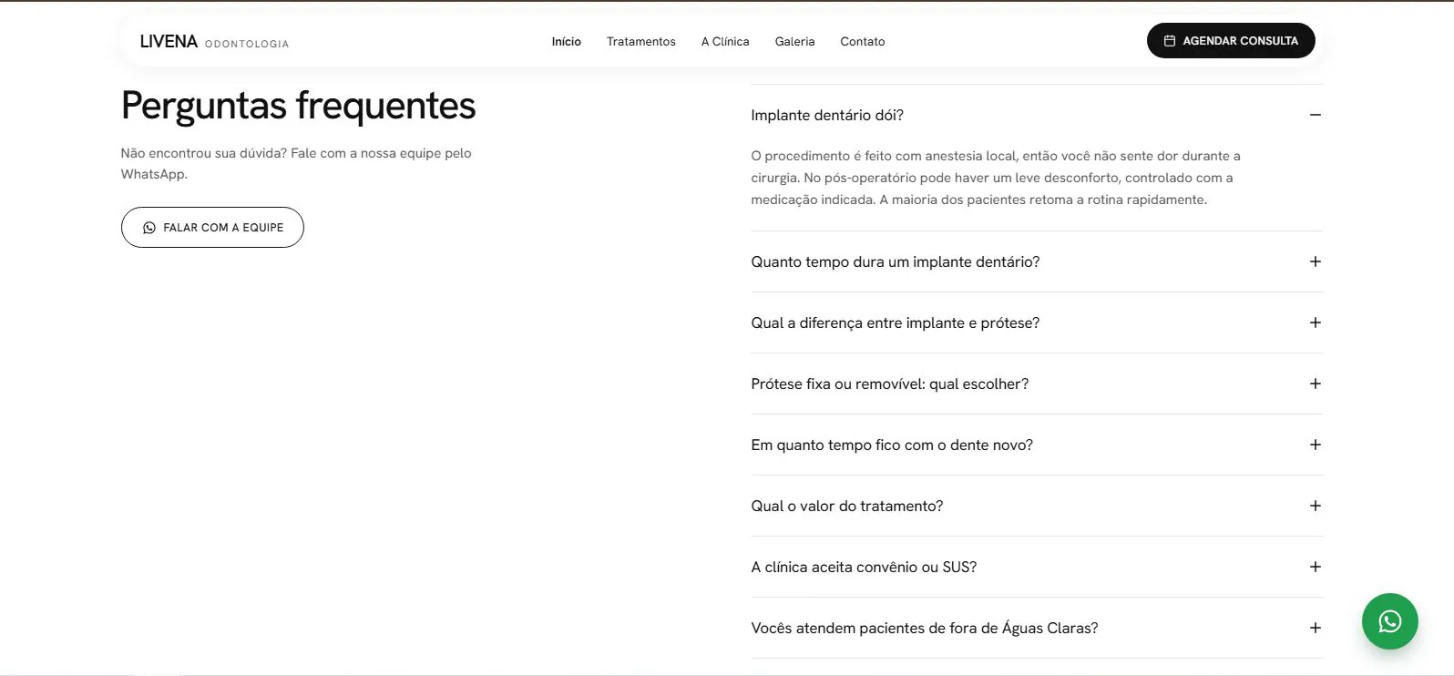 Captura do site Livena Odontologia: perguntas frequentes
